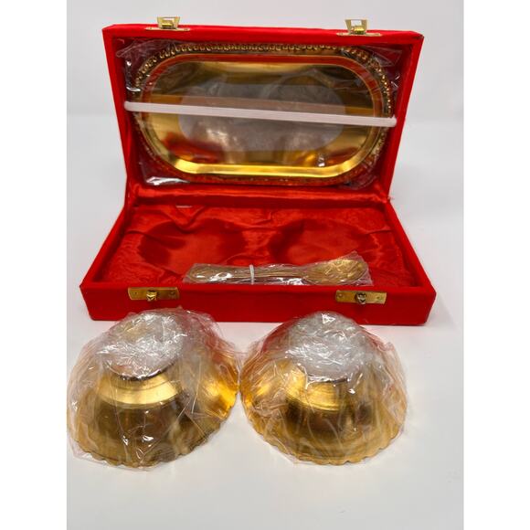 Silver Plated Gold Polished Embossed Flower Design 2 Bowls 2 Spoons 1 Tray New - Picture 6 of 6